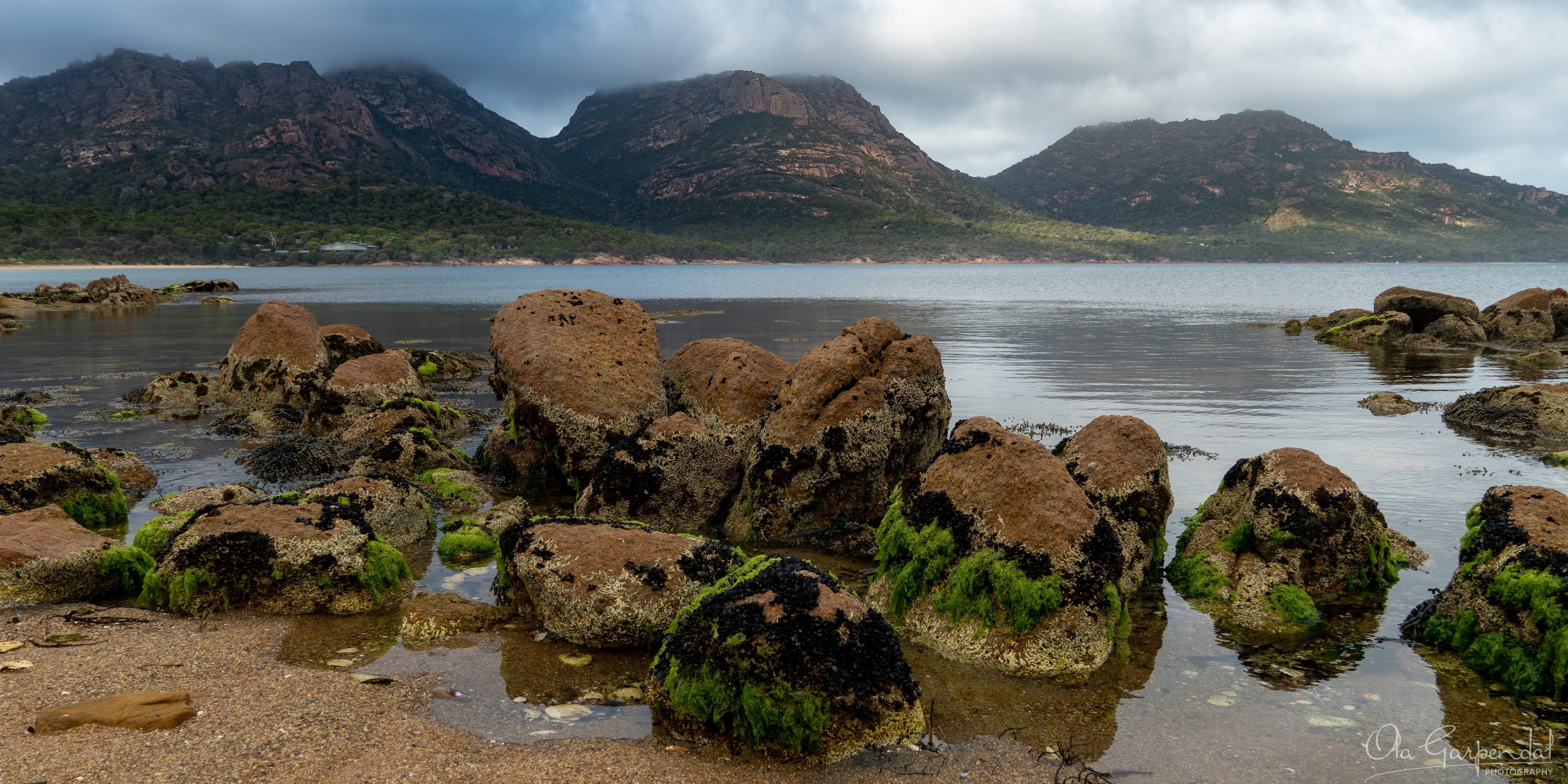 Coles Bay panoramic coastal landscape in Freycinet National Park featuring granite boulders with green seaweed, calm water, the Hazards Range and dramatic cloud cover in March, photographed by Ola Garpendal Photography