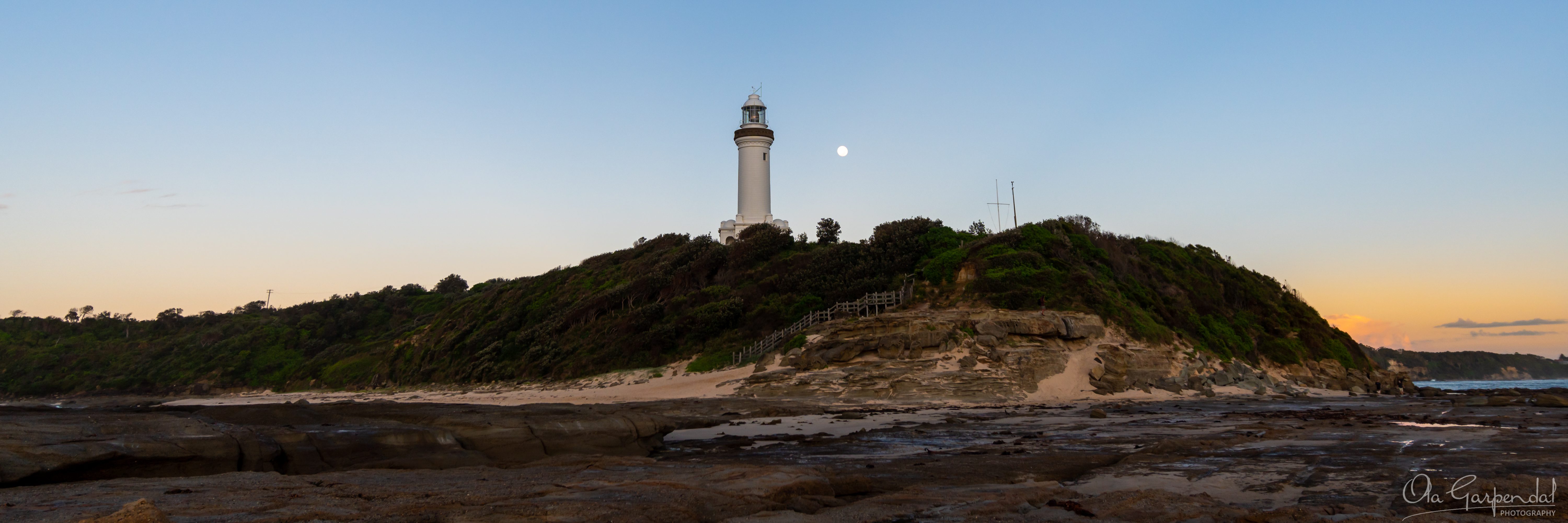 Norah Head Lighthouse and the Moon, Central Coast photographed by Ola Garpendal Photography