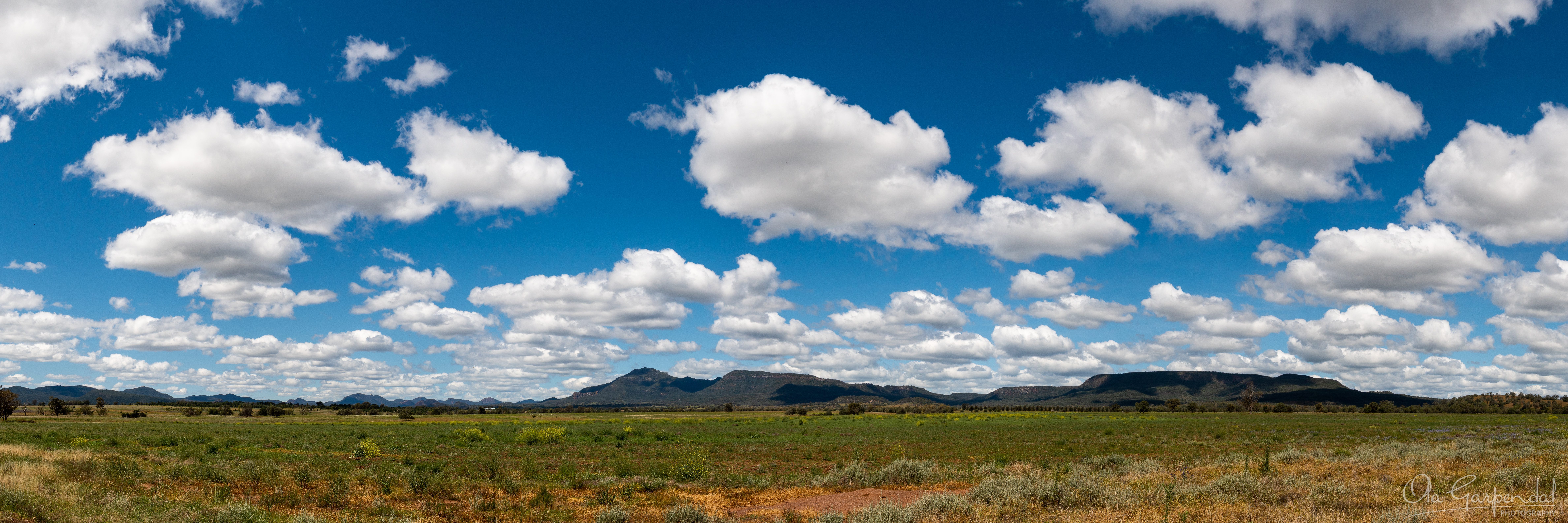 Warrumbungle Skyline, from the lesser-known side, with the grassland and the range on the horizon, photographed by Ola Garpendal Photography