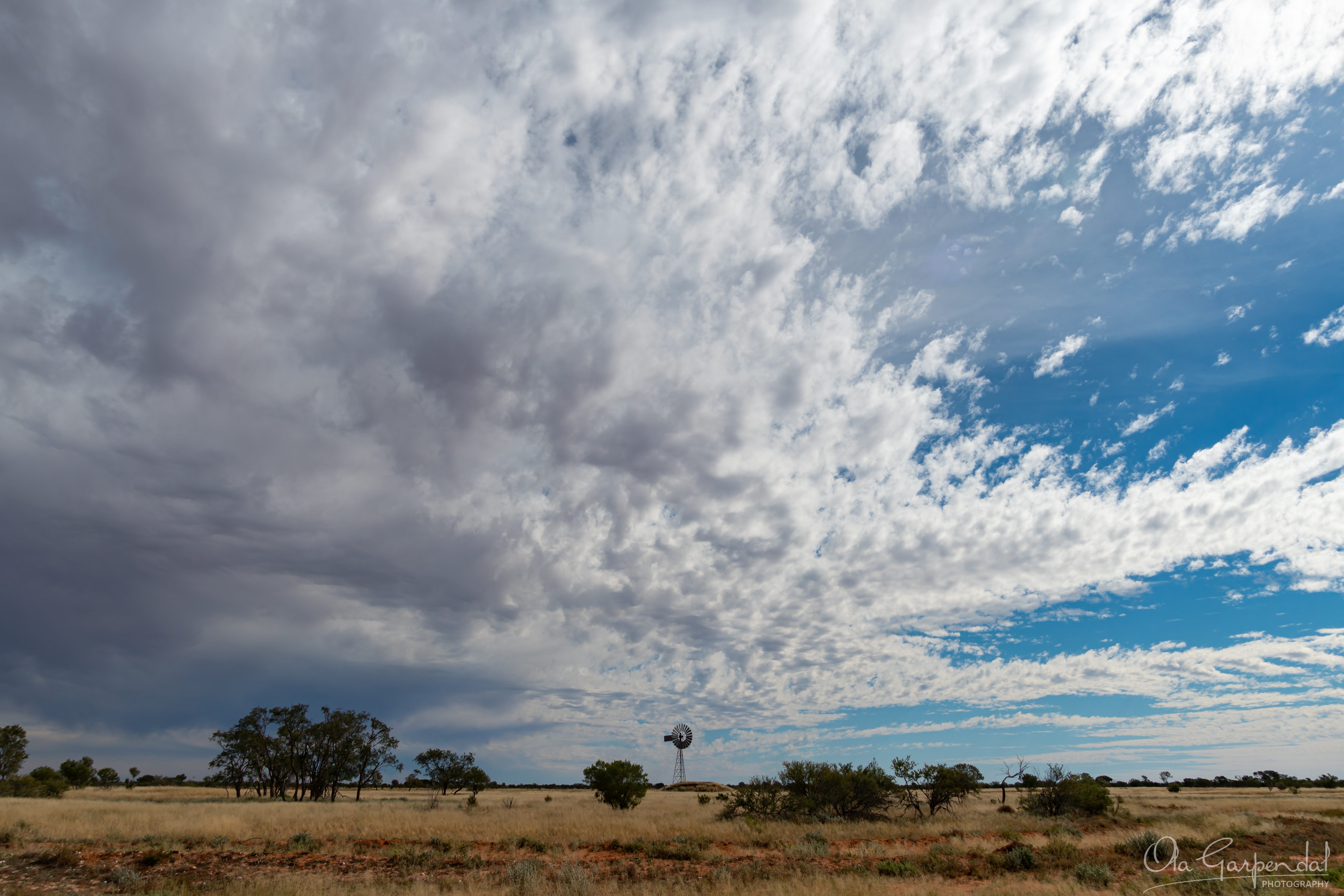 Windmill along The Cut Line, the vast outback landscape with a distant windmill, photographed by Ola Garpendal Photography