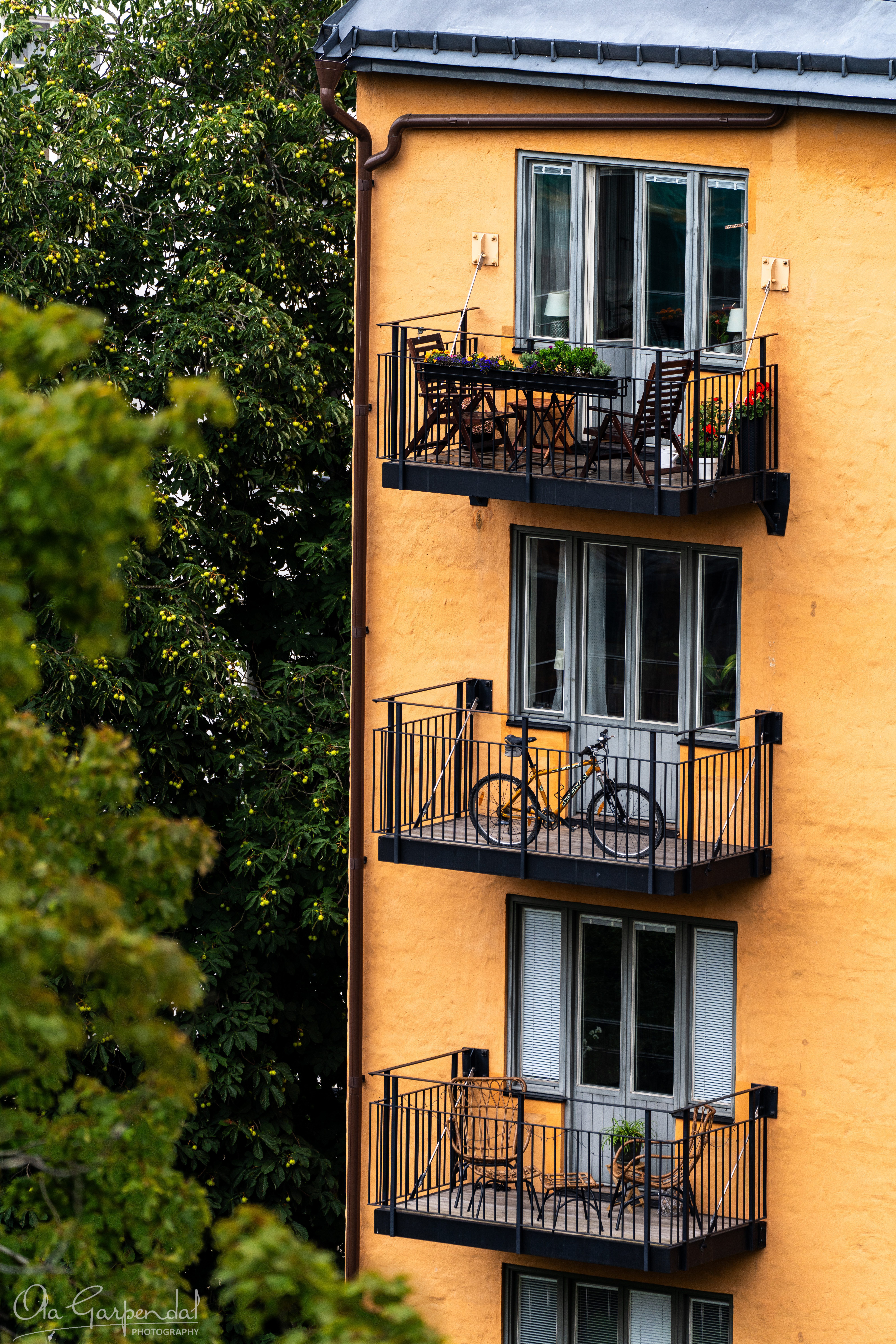Balconies, warm yellow building facade, green chestnut tree, photographed by Ola Garpendal Photography