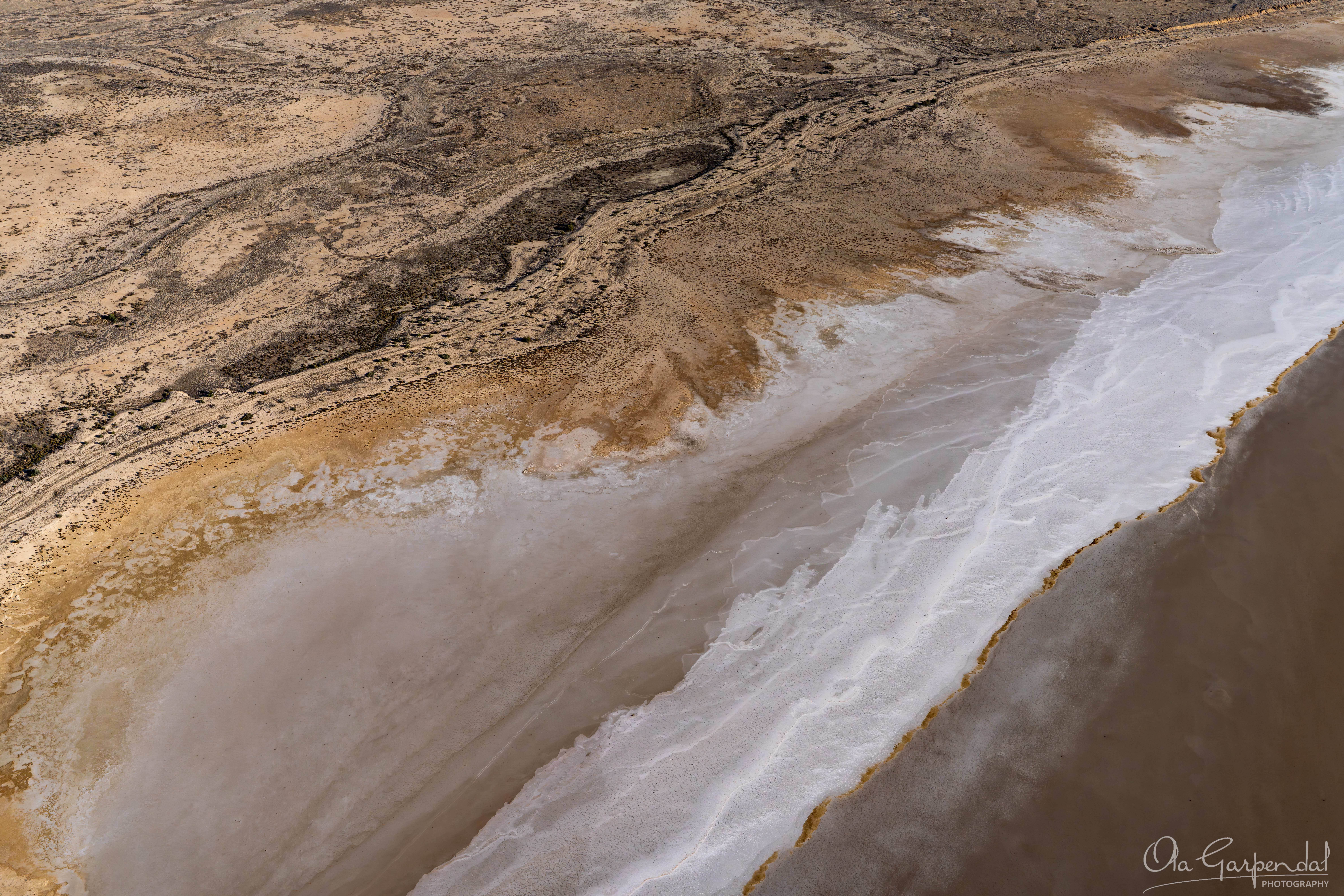 Lake's Edge, Kati Thanda-Lake Eyre, tonal palette of gold, ochre, brown and white, photographed by Ola Garpendal Photography